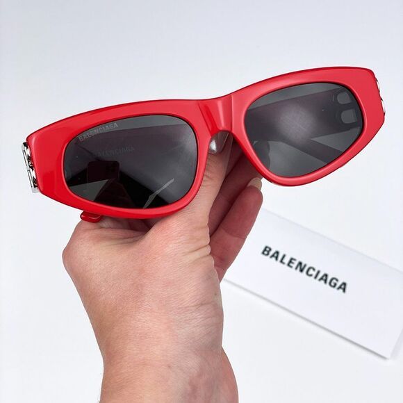 Balenciaga BB0095S 016 Sunglasses Red Silver Logo Grey Cat Eye Unisex - Picture 2 of 13
